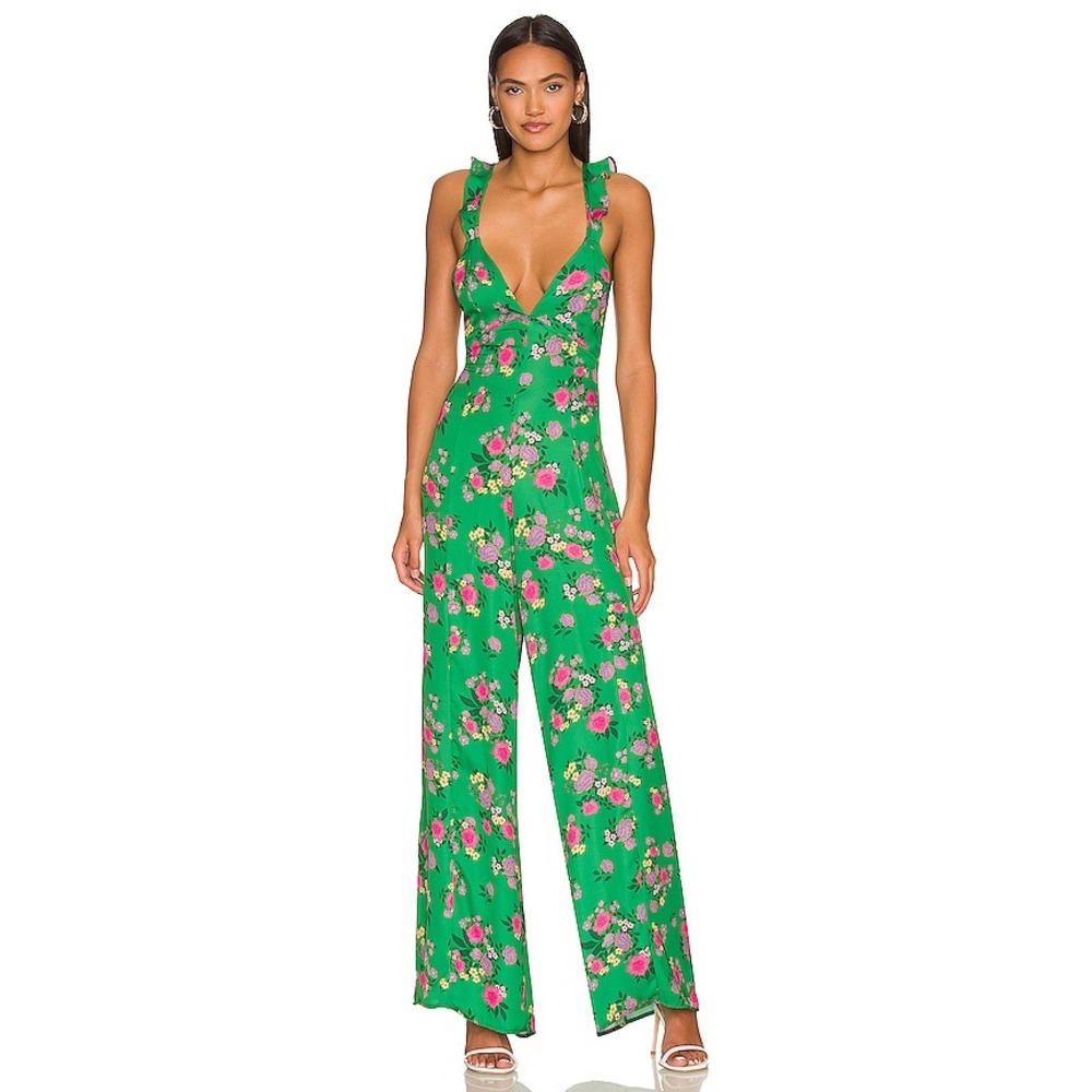 RESA Jilly Jumpsuit Green Floral Ruffle Tie Back Wide Leg Womens Medium